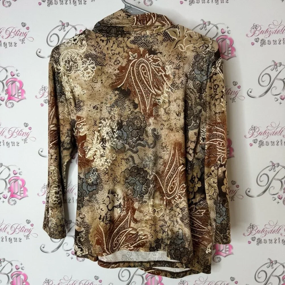 Laura long sleeve scoop neck paisley boho Elegant Brown Patterned Women's Top - Picture 2 of 5
